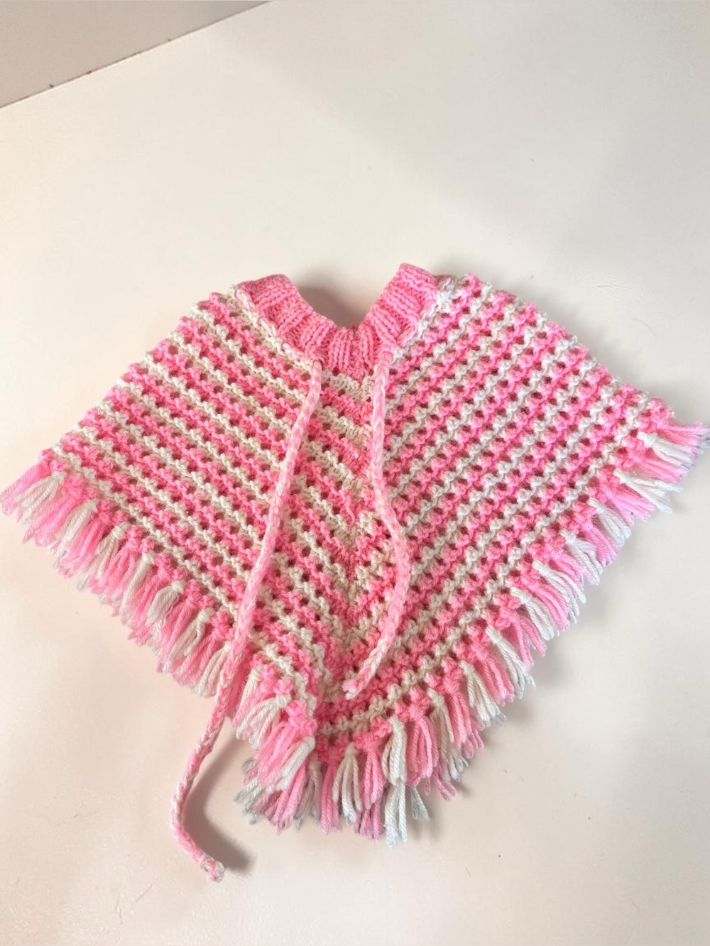 Handmade Pink White Crochet Poncho Gift for Toddler Girl 2T 4T